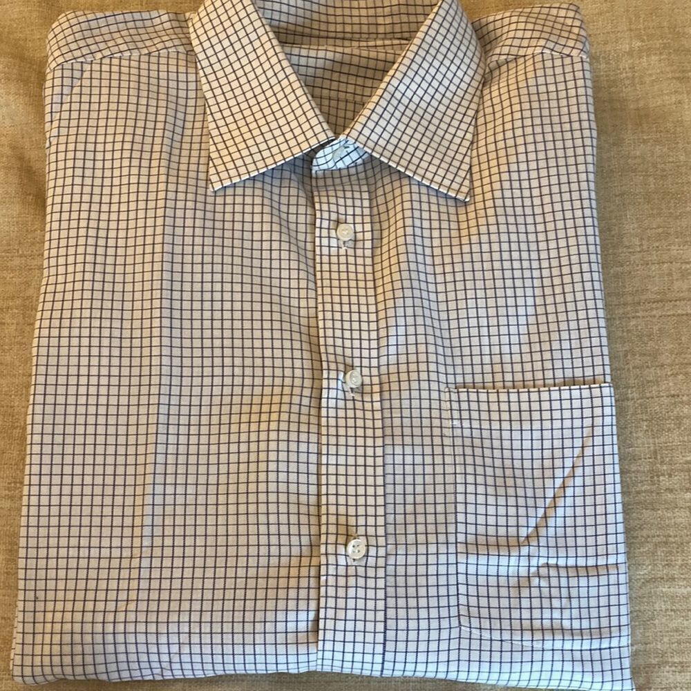 Borrelli Mens Long Sleeve Cotton Shirt in White with Navy Micro Check. Size XXL.